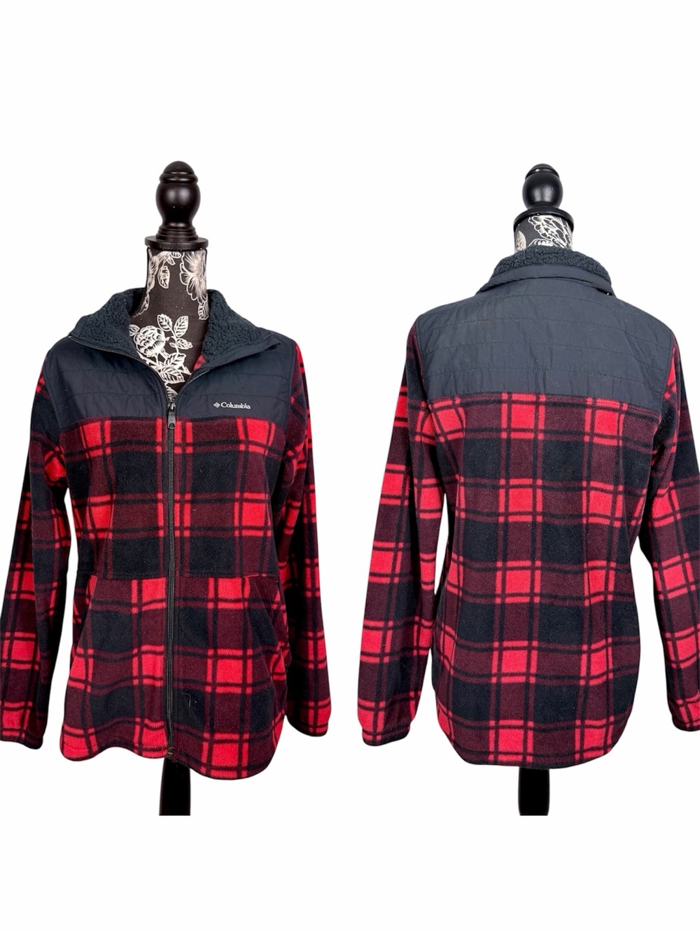 Columbia red/black buffalo plaid full zip sherpa jacket size medium - Picture 1 of 11